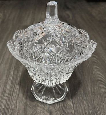 Vintage Crystal Candy Dish with Lid   Starburst Cut Pattern, Unmarked
