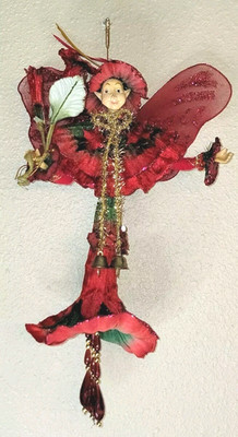 Flower Garden Fairy Pixie Elf Ornament Red Butterfly Wings Christmas Beaded