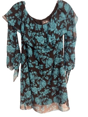 Sam Edelman Dress  Green Black Floral 6 Chiffon Sheer Sleeve Off Shoulder Lined
