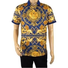 Mens PLATINI Sports Polo Shirt With Rhine Stones Lion Medallion DPP8247 Navy