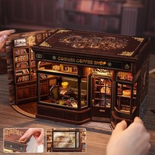 Wooden Coffee Shop Kit Miniature House Book Nook Model LED Bookshelf Gift
