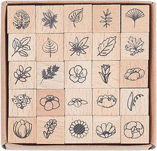 25Pcs Wooden Rubber Stamp Set Various Flower Leaves Patterns Wood Stamps Mini Pl