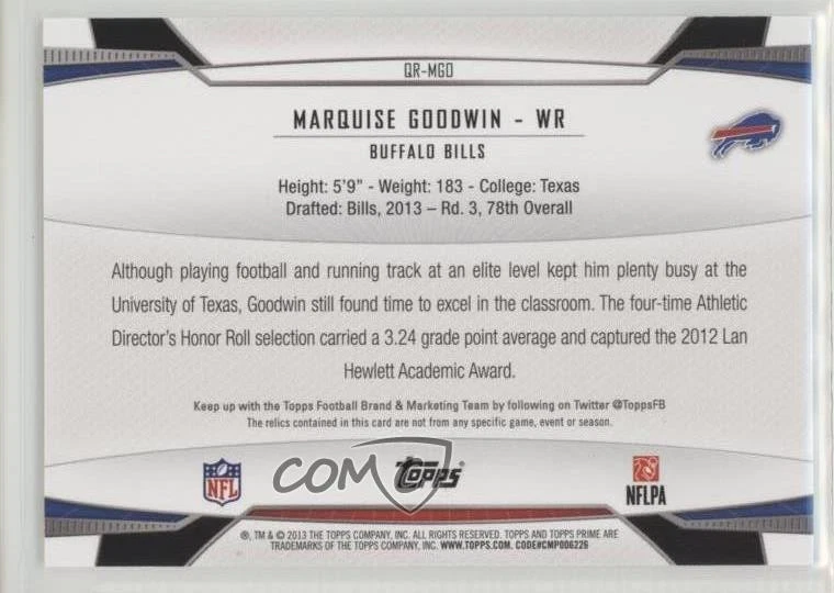 2013 Topps Prime Quad Relics Copper /94 Marquise Goodwin #QR-MGO Rookie RC - Image 2 of 2