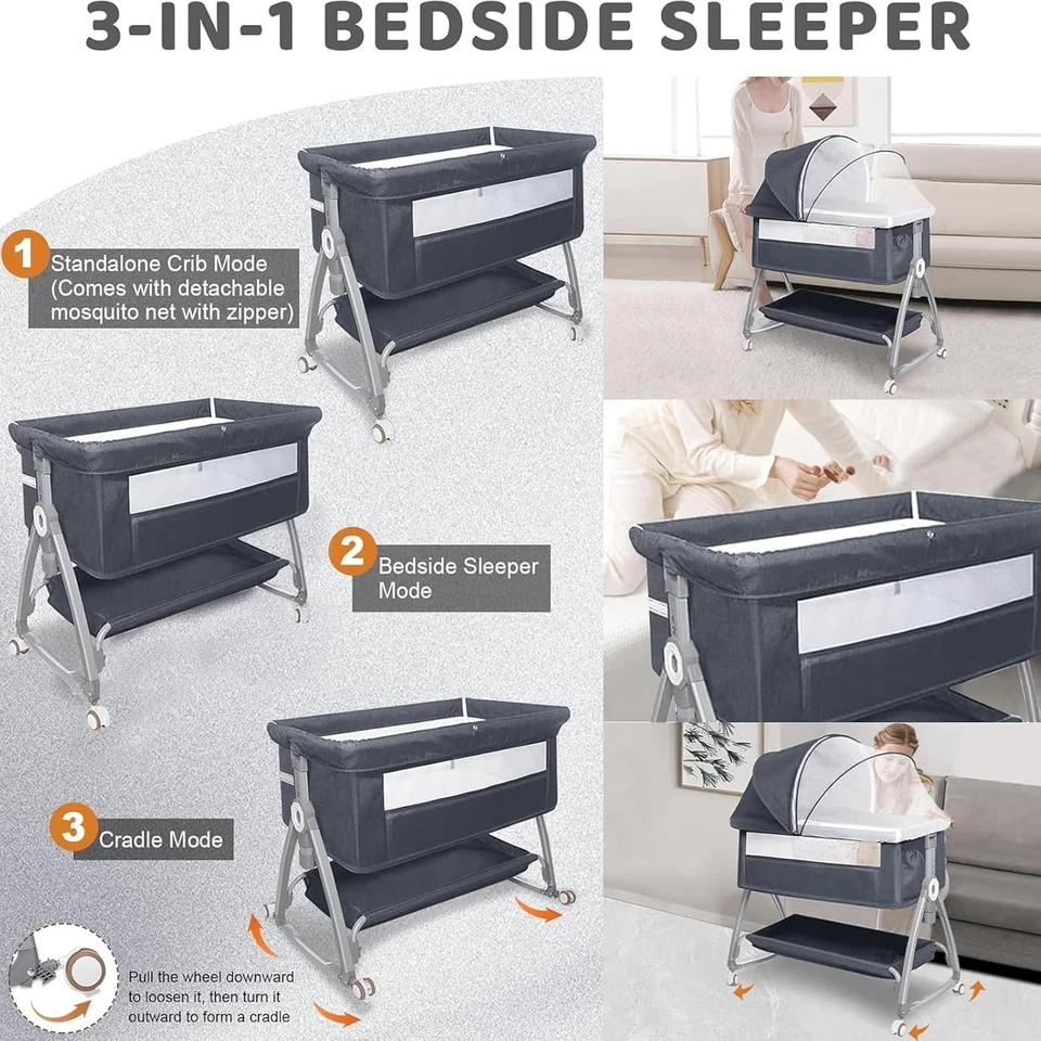 3 in 1 Baby Bassinet, Bedside Sleeper for Baby, Bedside Crib with Wheels & Stora - image 4 of 4