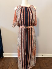Max Studio Edit Cold Shoulder Maxi Dress Small Boho Paisley Belted Orange Nav