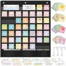 Pastel Classroom Calendar Pocket Chart for Kids Learning with 101 Cards, Blac...
