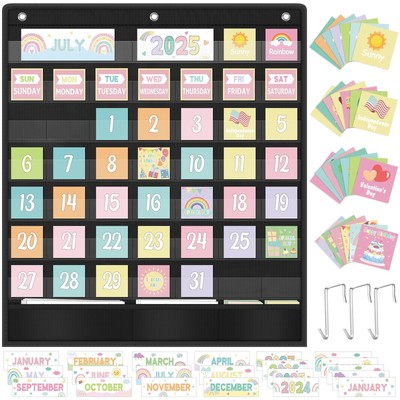 Pastel Classroom Calendar Pocket Chart for Kids Learning with 101 Cards, Blac...