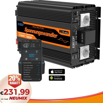 EDECOA 12V 230V Wechselrichter 3500W 7000W Reiner Sinus Wandler mit Inverter APP