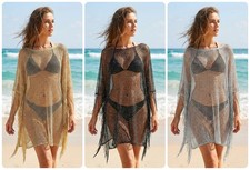 Women's Metallic Thread Tassel Side Poncho | Stylish Mesh Beach Summer Wrap 7591