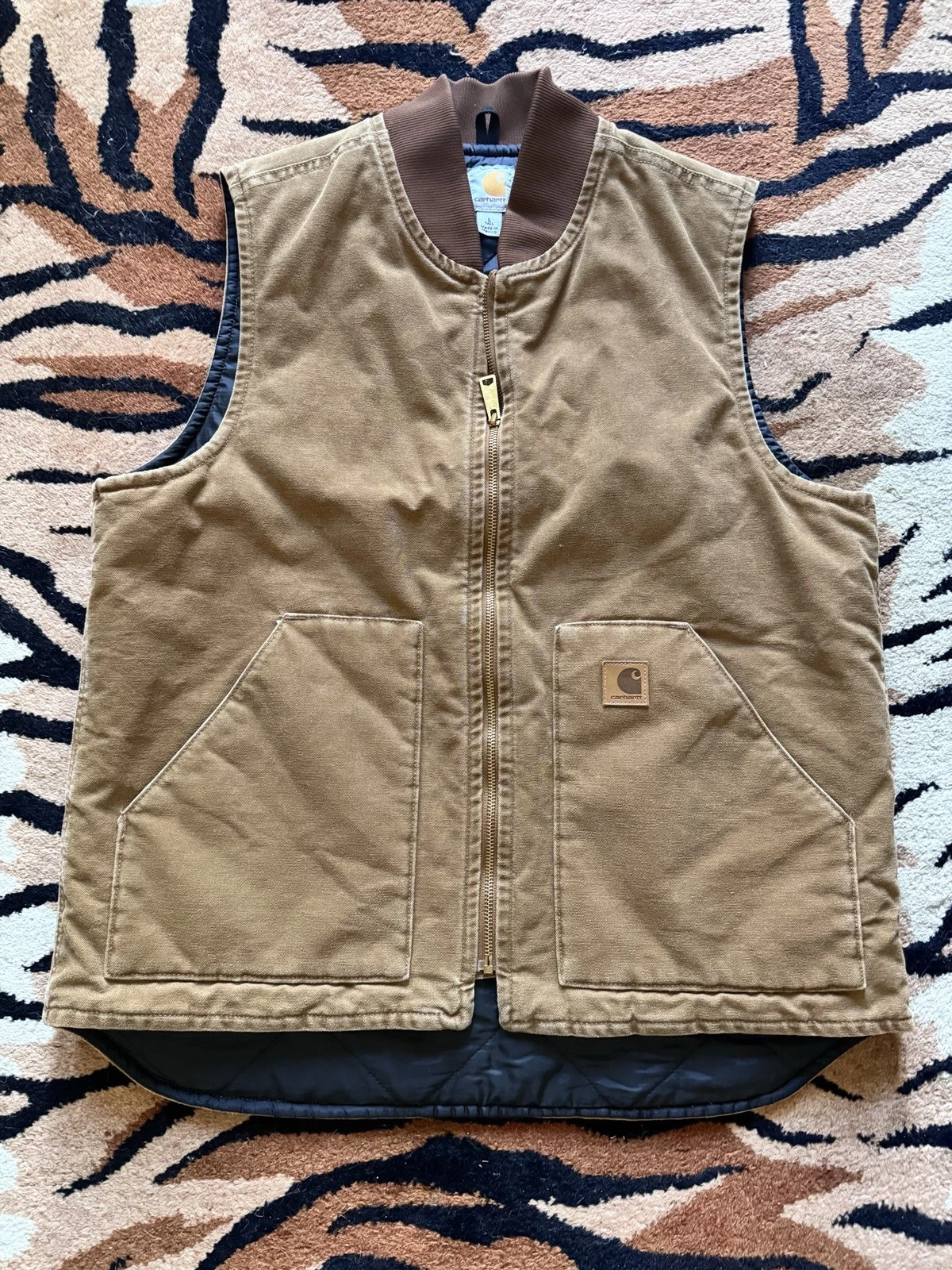 Carhartt Vest Large Tall Brown Duck Quilted Lined Workwear Zip Canvas V02-211