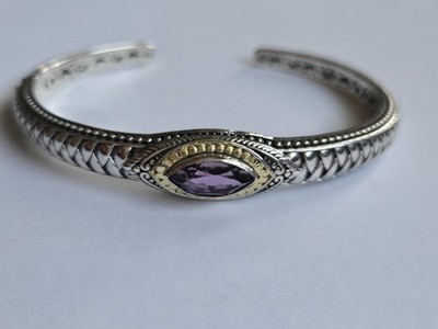 18K Gold Sterling Silver Amethyst Graduated Hinged Cuff Bracelet-17.97 Grams