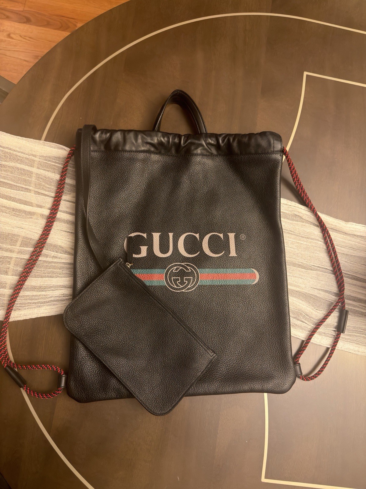 Authentic Gucci Leather Drawstring Backpack Black… - image 6