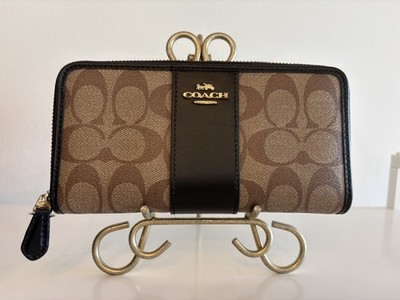 COACH Accordion Zip Wallet Signature Canvas Black Leather Trim F54630