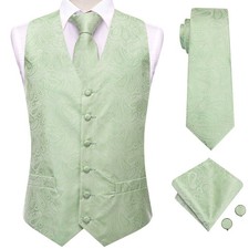 Mens Waistcoat Mint Green Paisley Vest Tie Hankie Cufflinks Set Wedding Party