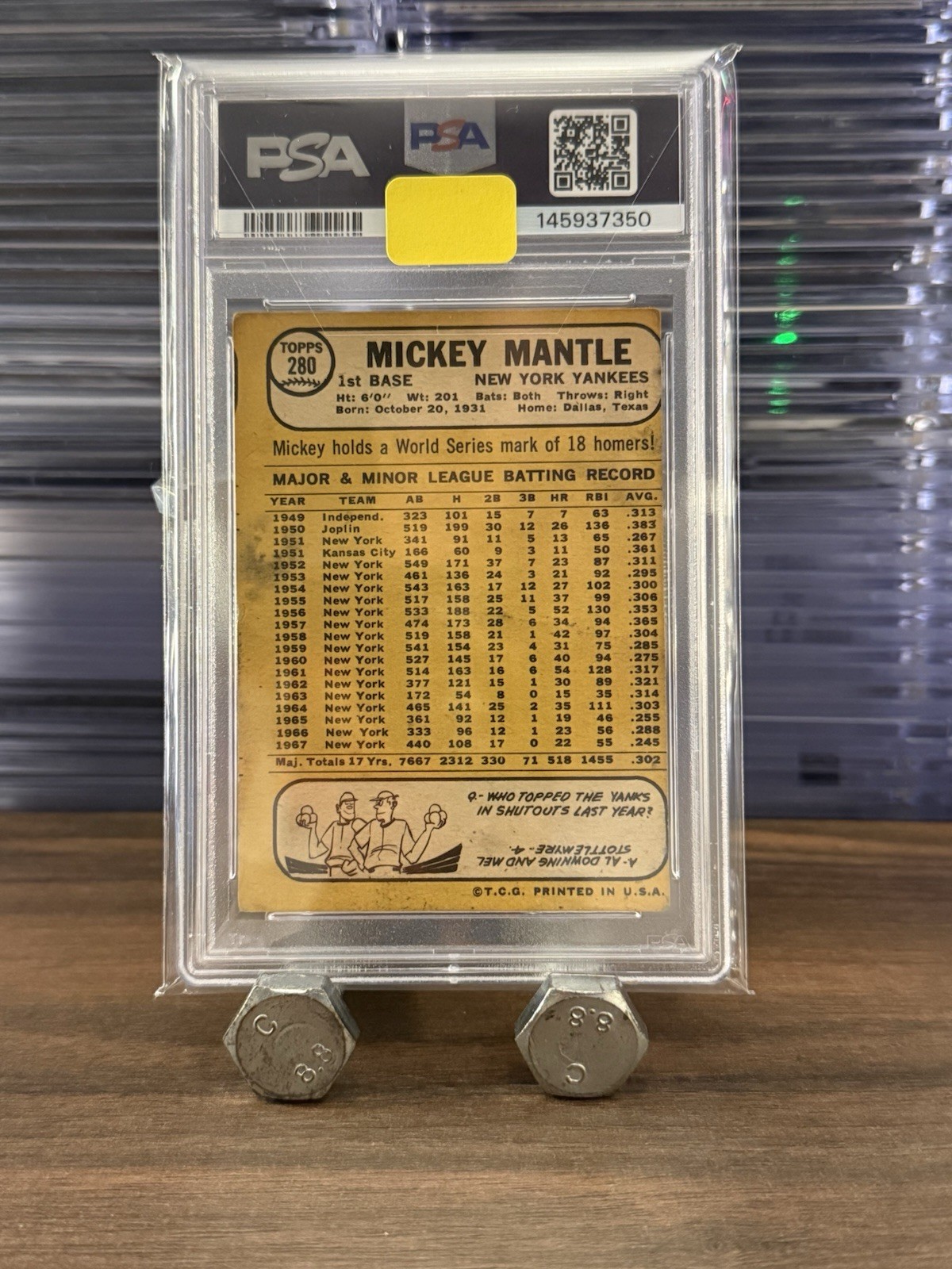 1968 Topps Mickey Mantle #280 PSA 1 (MC) New York Yankees HOF Legend Baseball view 2