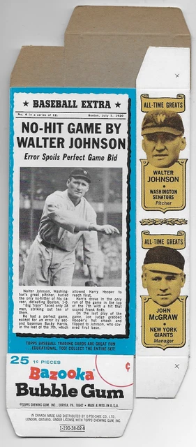 1969-70 Bazooka #6 No-Hit Game Walter Johnson mit McGraw Young Evers Komplett Box
