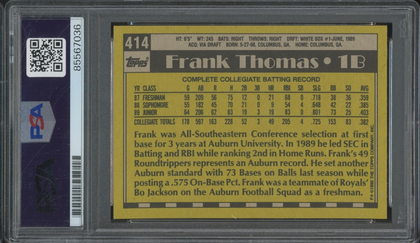 1990 Topps #414 Frank Thomas Autograph RC Rookie Gem Mint PSA DNA 10 Auto view 2