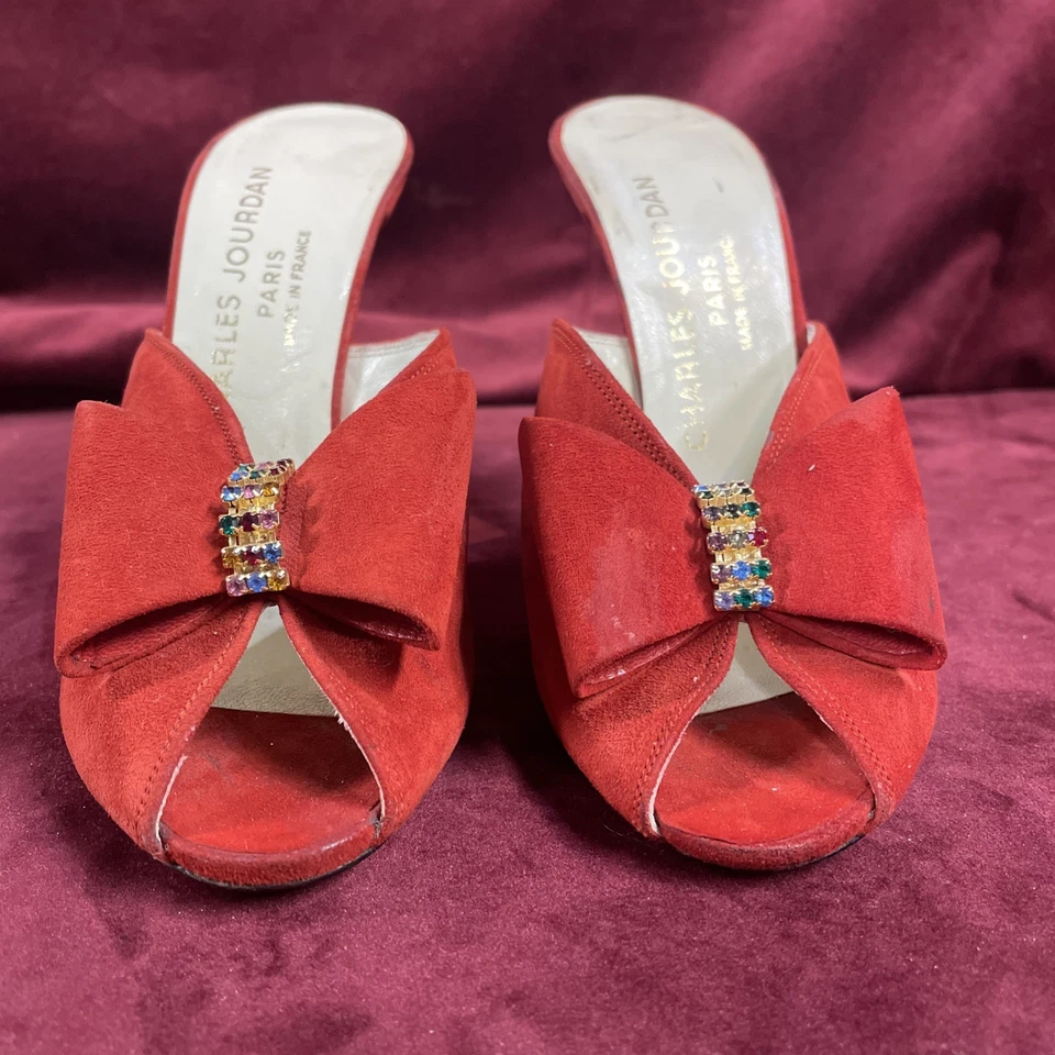Sandalia de Tacón Alto Charles Jourdan Tacón Champagne Rojo Gamuza Años 70 Mules Foto 3 de 4