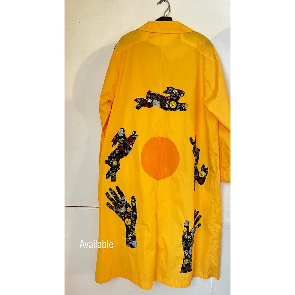 Vintage Trench Coat, Jacket, Yellow, 1990s 80s Handpainted, Bunnies Sun Applique - Image 3 of 4