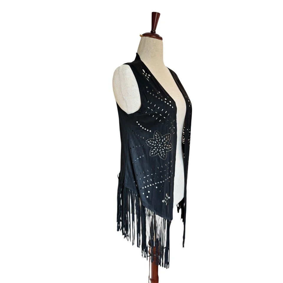 Black Faux Suede Fringe Vest | Boho | Western | Laser Cut| Floral – One Size - Image 2 of 4