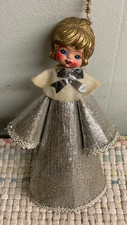 Antique 7" Silver Glitter Christmas Tree Top Angel Paper Dress Hard Plastic Head