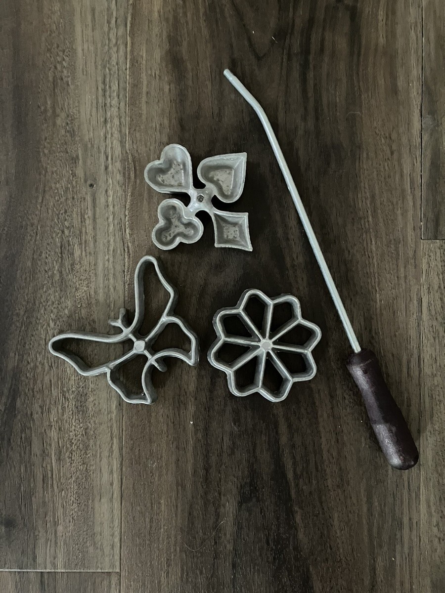 Vintage Rosette Iron Cookie Mold Set of 3 w/ Handle Cast Aluminum