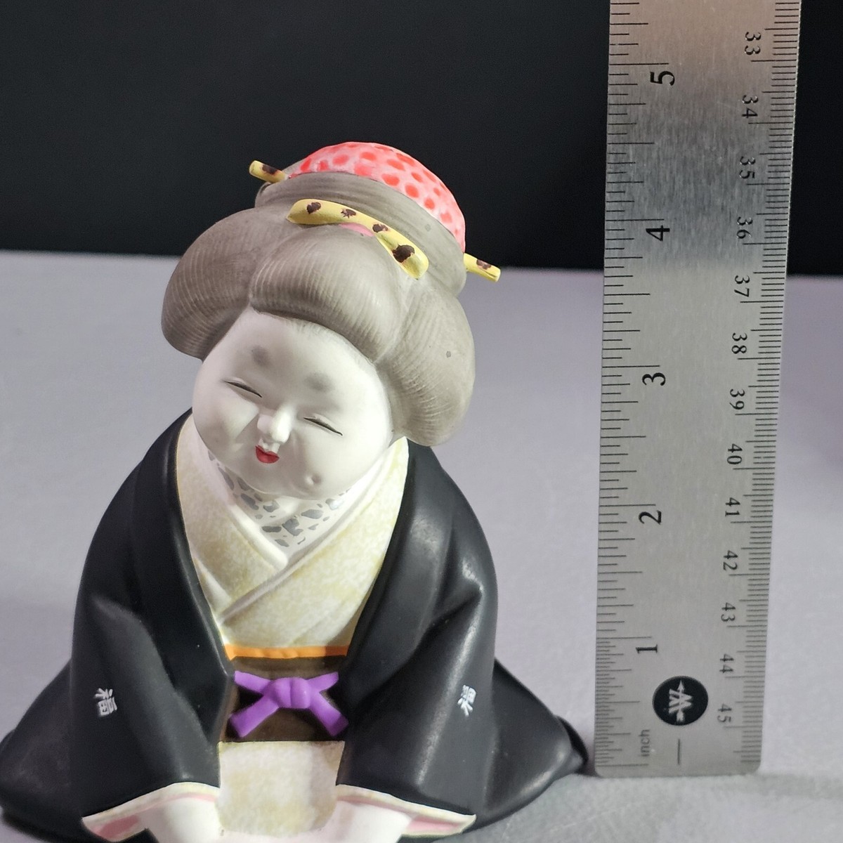 VTG Japanese Doll Otafuku Ofuku Clay Figure Kimono Cute 💜 Purple