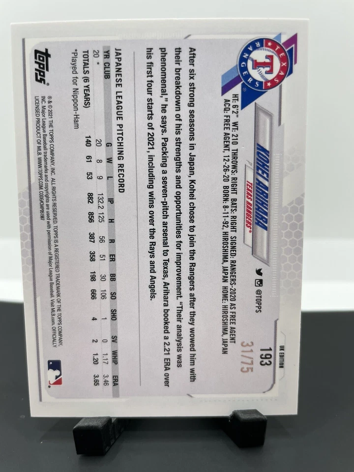 2021 Topps UK Edition Kohei Arihara Rangers RC 193 Blue Parallel /75 - Image 2 of 2
