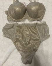 Victoria  s Secret Dream Angels Gold Lace Lined Demi Bra Panty Set 32DD M