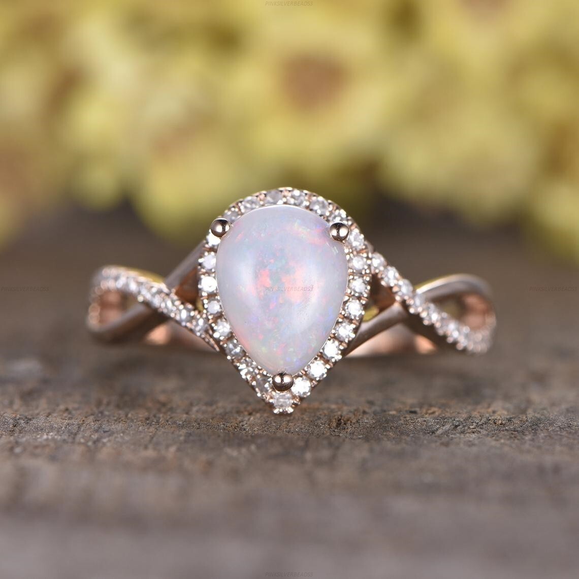 Natural Opalite Diamond Bridal Statement Wedding Ring 14k Rose Gold Fine Jewelry
