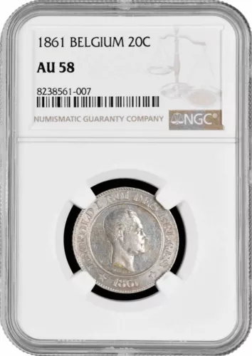 Belgium 20 centimes 1861, NGC AU58, "King Leopold I (1832 - 1865)"