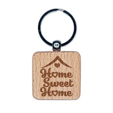 Home Sweet Home with Hearts Engraved Wood Square Keychain Tag Charm
