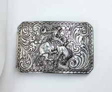 Vintage Bucking Bronco W/ Cowboy Filigree Silver Tone Belt Buckle