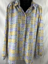 All Hours XXL Blouse Long Button Tab Sleeve Square Pattern Multi Color Polyester