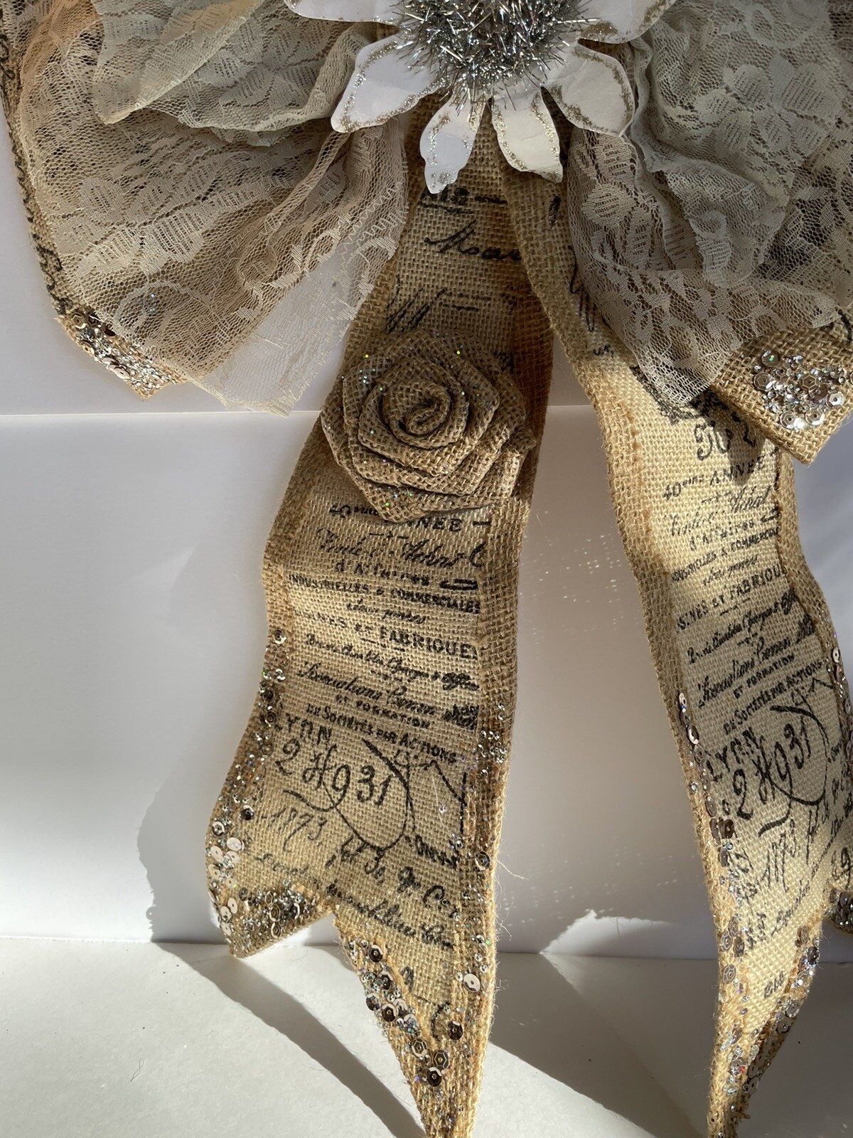 Christmas Bow Door Hanging Or For Gift Wrap Burlap Sequins