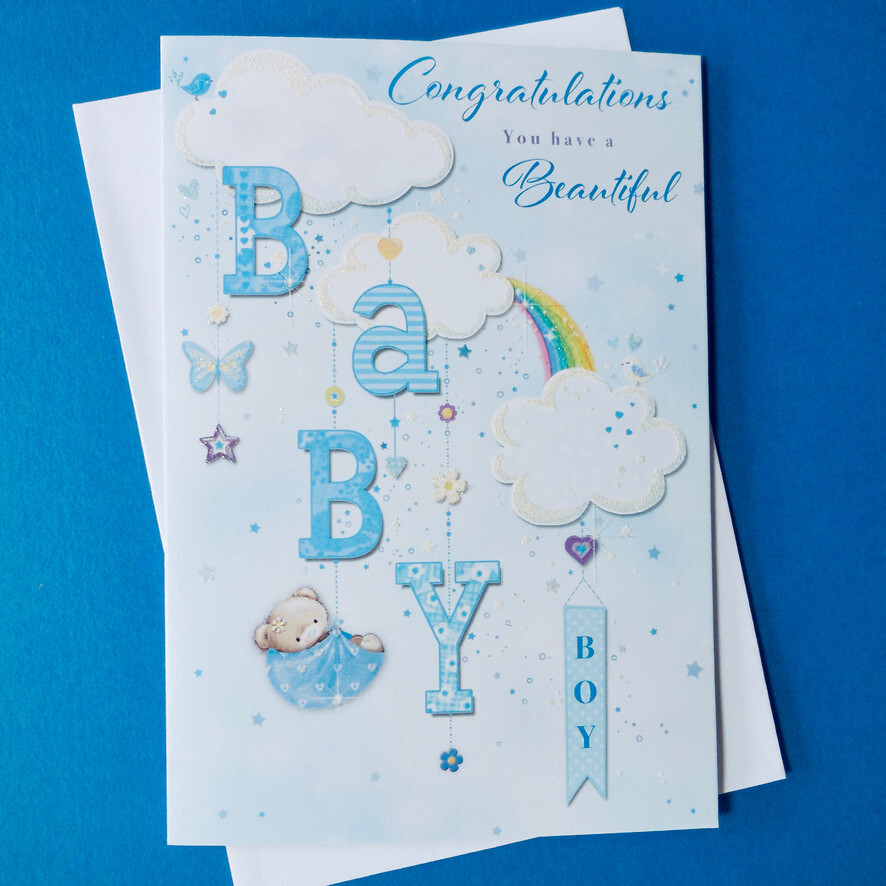 New Baby Boy Arrival Card Congratulations Blue Message Verse Rainbow 19x13cm