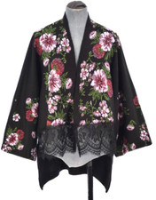Liu Jo Kimono Cardigan Floral Black Fine Knit Lace Trim Hi Low Trim Size L
