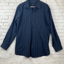 BCBG Maxazria Button Down Shirt Mens XL 17.5 Modern Fit Striped Long Sleeve Blue