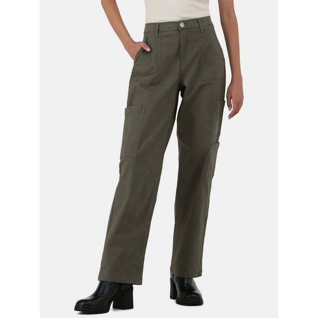 【COLOR iN ID】Wide button cargo pants No Boundaries Womens Wide Leg Cargo Pants 31 Inseam Beetle