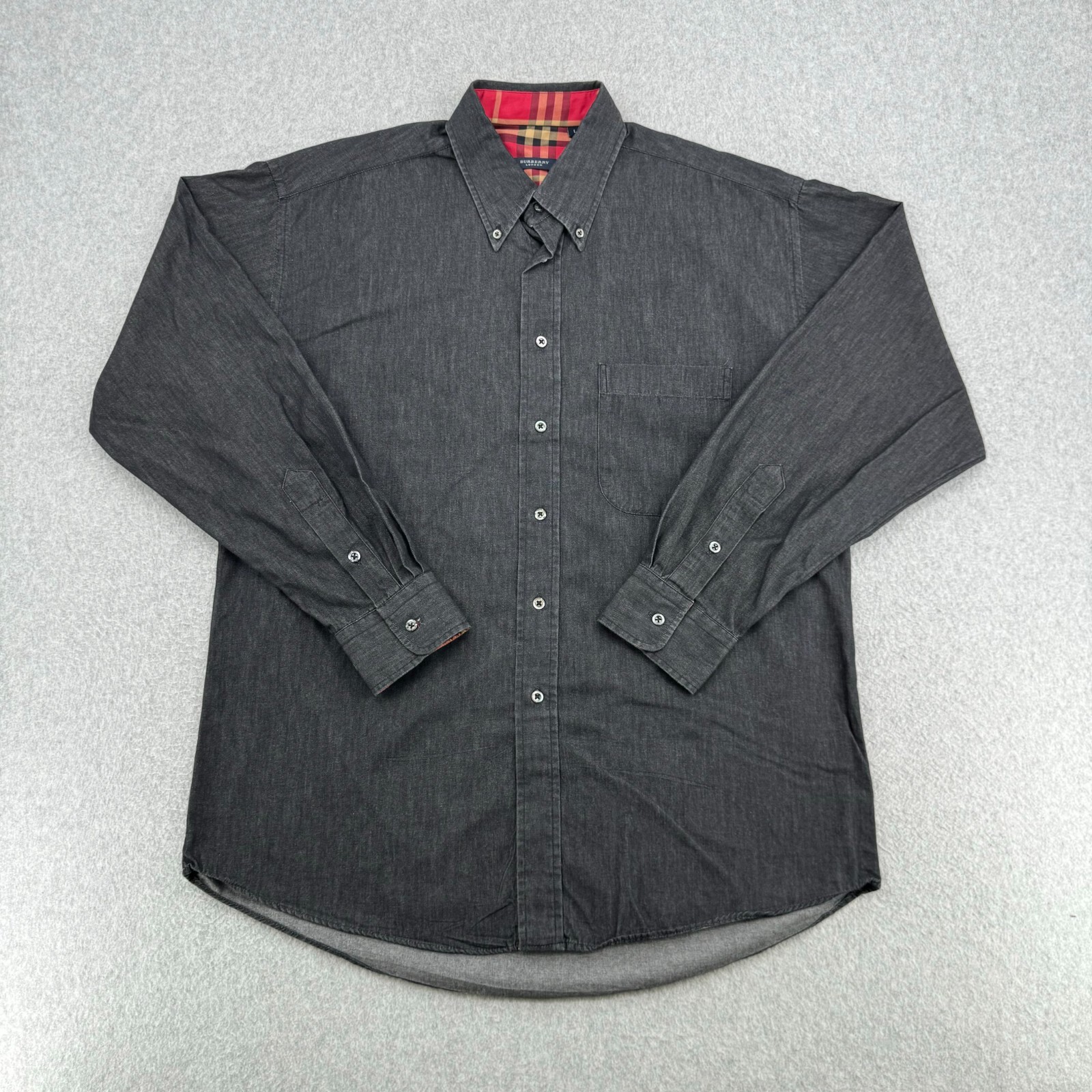 Burberry London Shirt Adult Large Charcoal Gray Button Down Nova Plaid Trim Mens