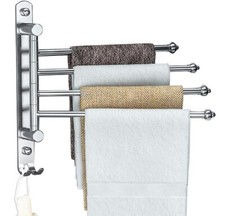 Swivel Towel Rack for Bathroom, 4-Arm Silver Wall Mounted Towel Bar, w/Hooks