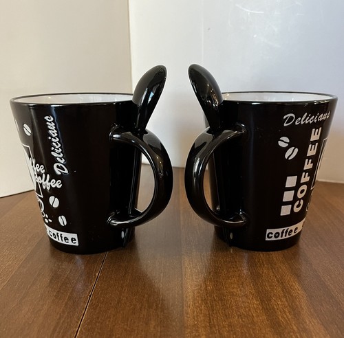 Mr. Coffee Cafe Americano Mugs Cups with Spoons 13 Oz Black And Tan Set Of 2 - Picture 9 of 22