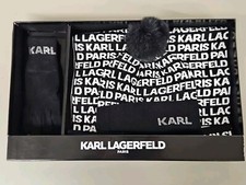 Karl Lagerfeld Hat Scarf & Gloves Gift Set 3pc Black/White + Rhinestone NWT NEW