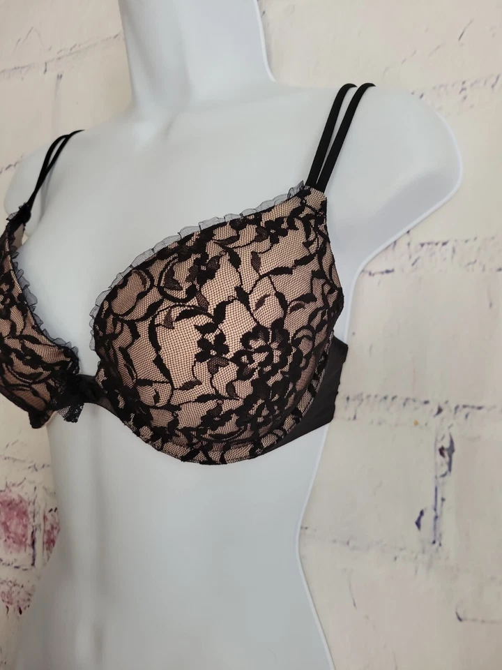 Sujetador DKNY Acolchado Push-up Talla 32D Negro Encaje Superposición Dividido Correa Ajustable Lazo Foto 4 de 4