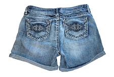 Womens HYDRAULIC stretch denim blue jean shorts 9 10 embroidered distressed 5 in