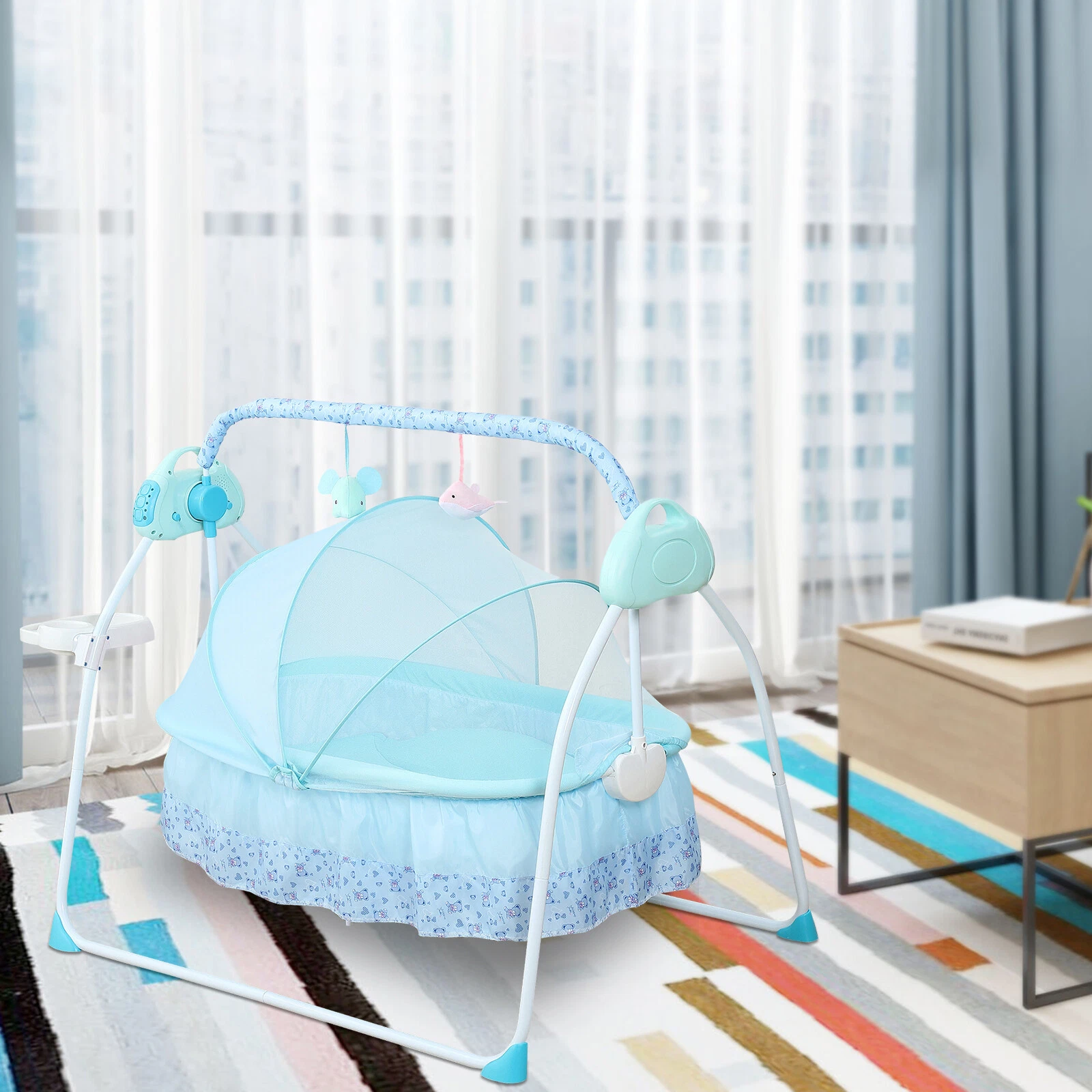Electric Foldable Infant Crib Baby Cradle For Baby Infant With Safety Belt Blue