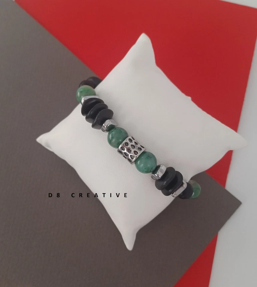 Pulseira masculina de jade verde natureza com aço inoxidável tecido à mão design original - Imagem 2 de 4