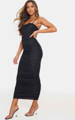 Ruched Mesh Black Strappy Bodycon Dress PRETTYLITTLETHING BLACK STRAPPY MESH  RUCHED MIDAXI DRESS SIZE US-12 (