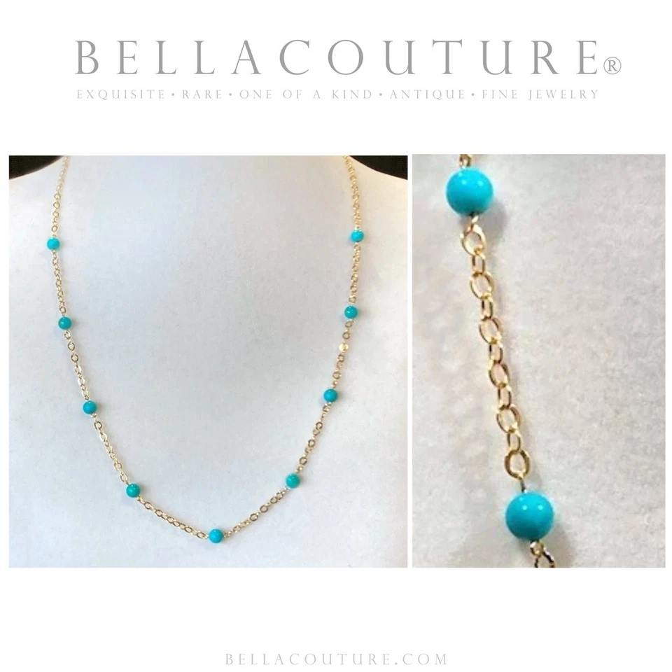 NUEVO RARO COLLAR TURQUESA BELLEZA DURMIENTE NATURAL ORO AMARILLO 18K 18" 20" 24" Foto 2 de 4