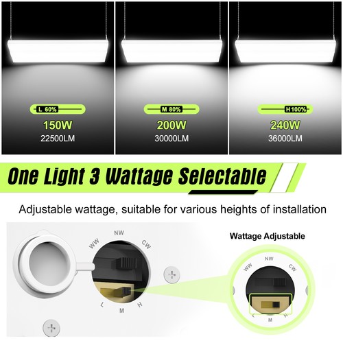 240W LED Linear High Bay Shop Light Fixture 3000K/4000K/5000K 3-Color Adjustable - Picture 3 of 17